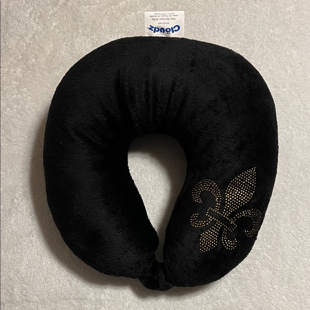 Clouds. Black Travel Neck Pillow with Gold Rhinestones Fleur-de-lis ⚜️